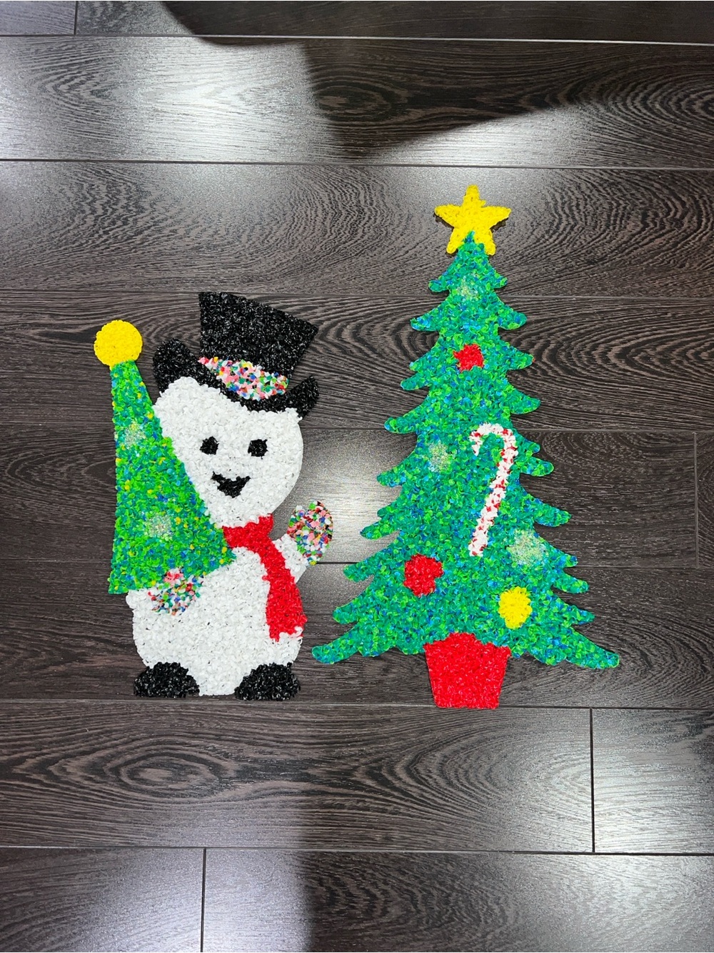 Vintage Melted Plastic Popcorn Christmas Tree & Snowman Decor 24" set of 2